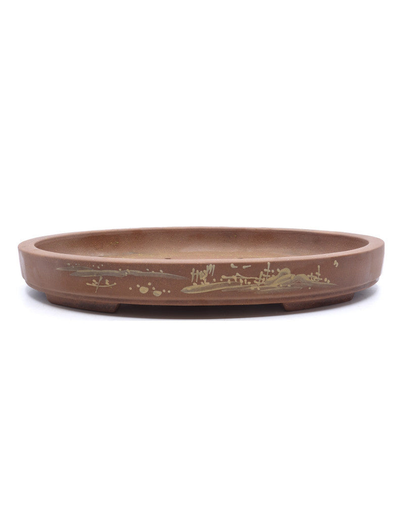Bonsai pot ongeglazuurd ovaal met tekening 39cm