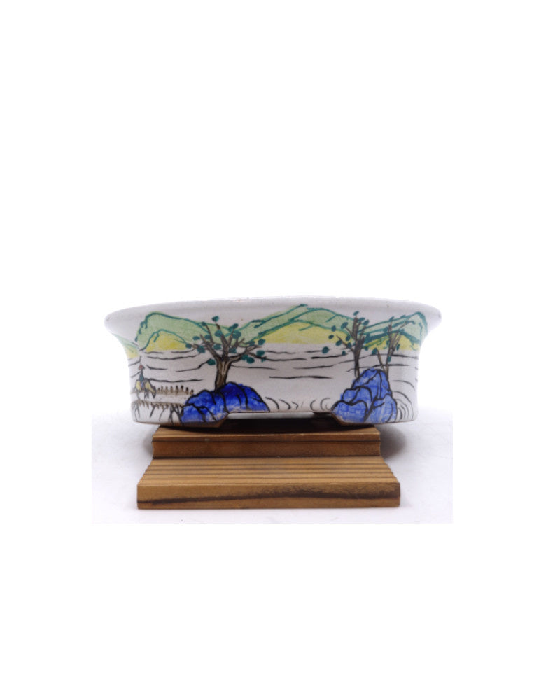 Bonsai pot handgeschilderde landschap blauw ovaal 16cm