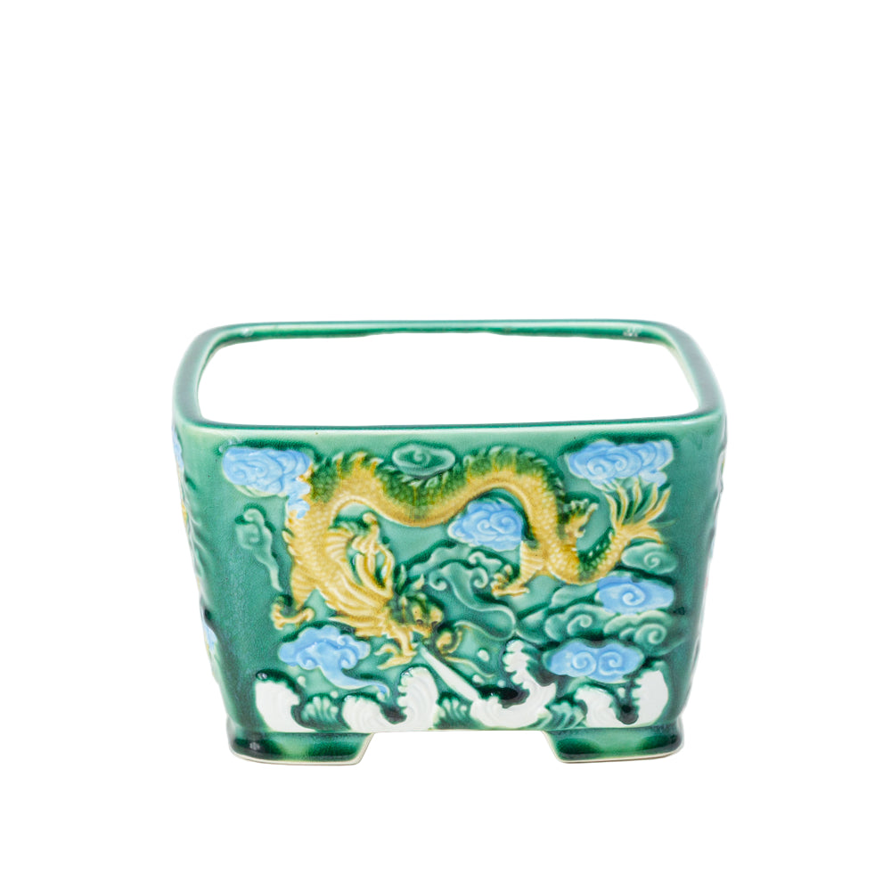 Bonsai Yixing pot groen draak vierkant 21cm