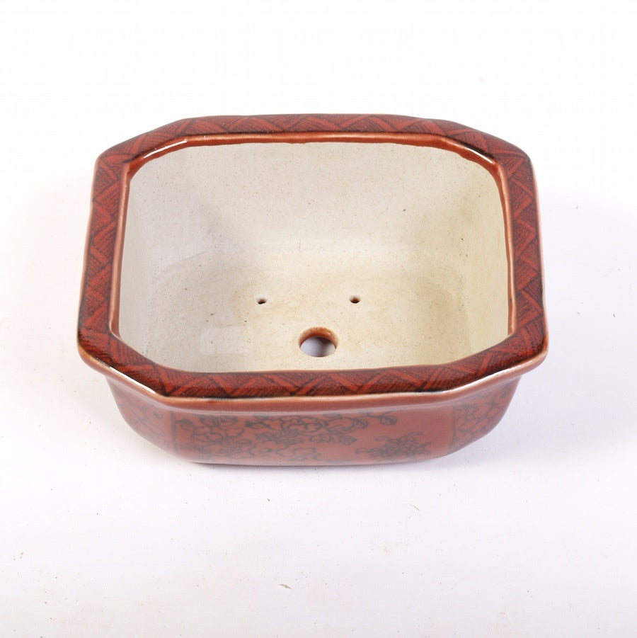 Bonsaischale Porzellan glasiert braun Blumenmotiv
