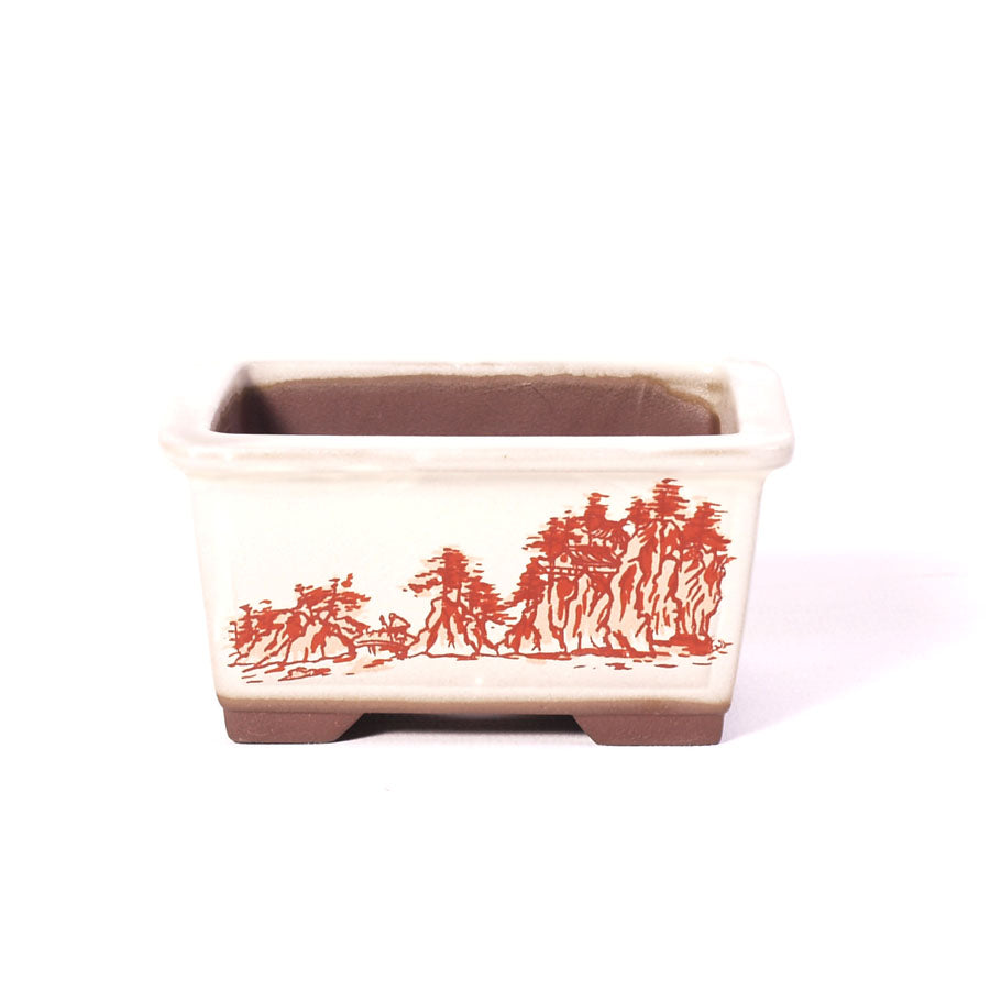 Bonsaischale rechteckig creme mit roter Landschaftsmalerei 10 cm