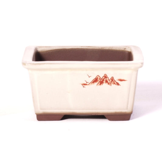 Pot à bonsaï rectangulaire crème avec peinture de paysage rouge 10 cm