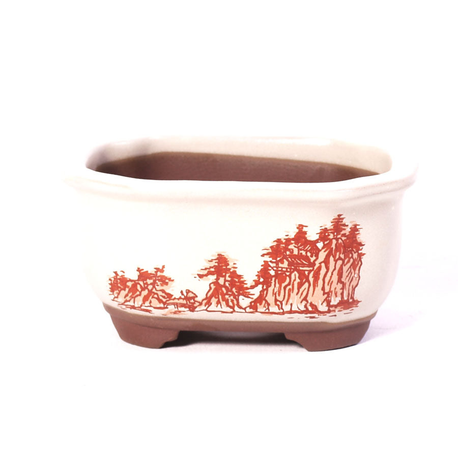 Bonsaischale oval creme mit Kerbe und roter Landschaftsmalerei 10 cm