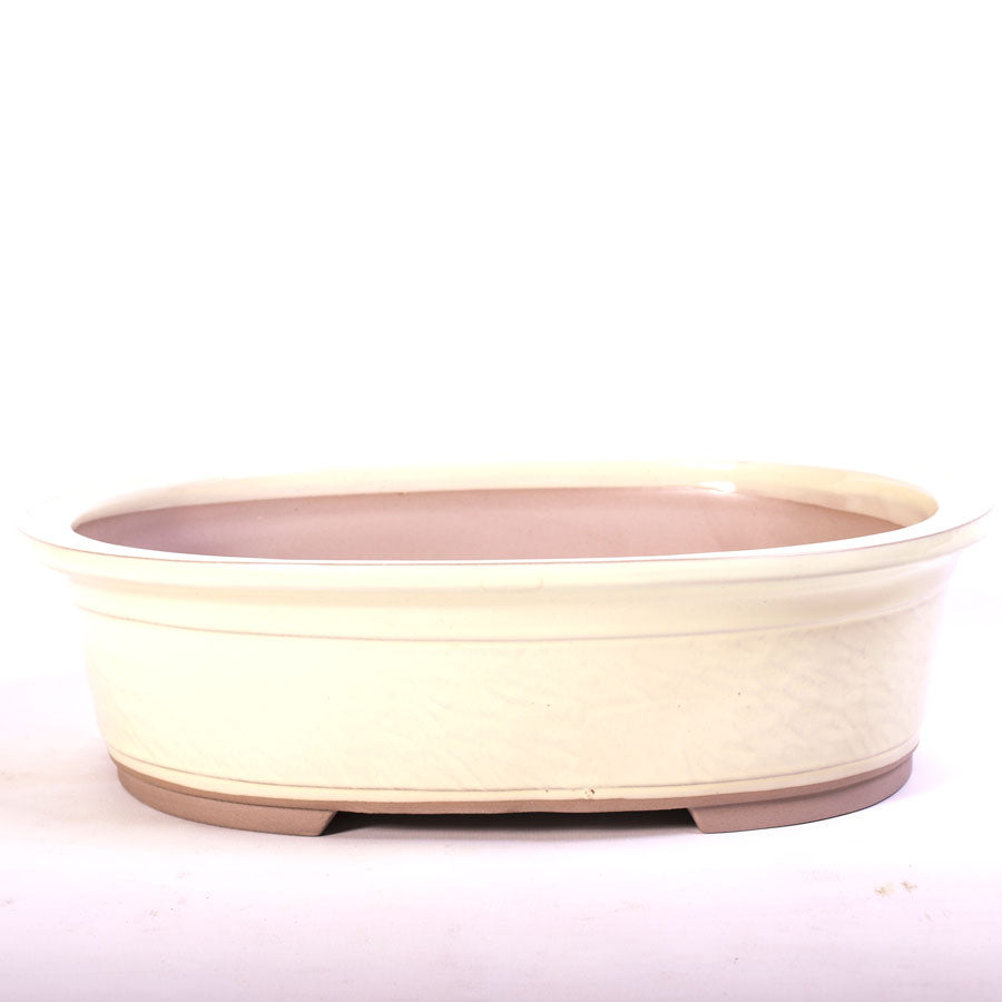 Bonsaischale oval creme, halbhohes Modell, raue Wandung, außen klappbare Lippe