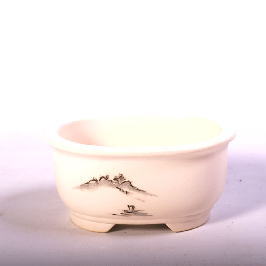 Bonsaischale oval weiß mit grauer Landschaftsmalerei 11 cm