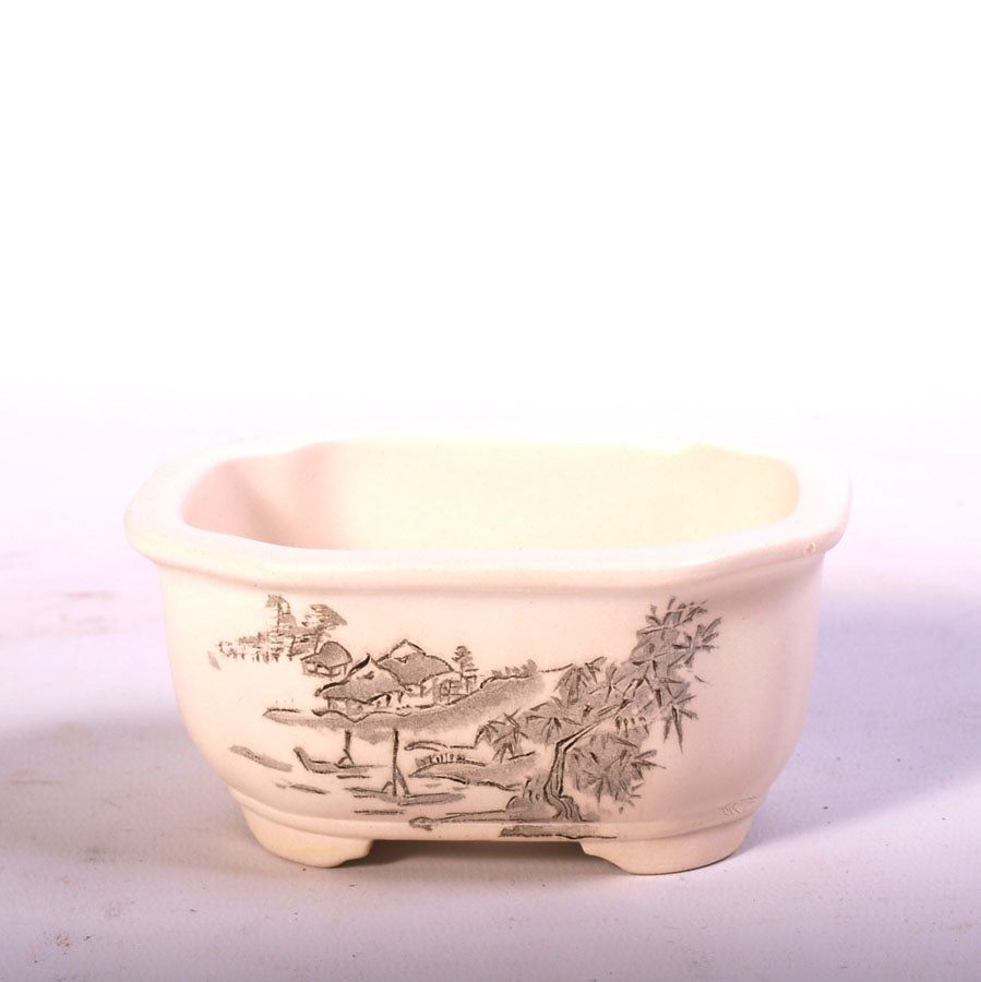 Bonsaischale oval weiß mit Kerbe und grauer Landschaftsmalerei 10 cm