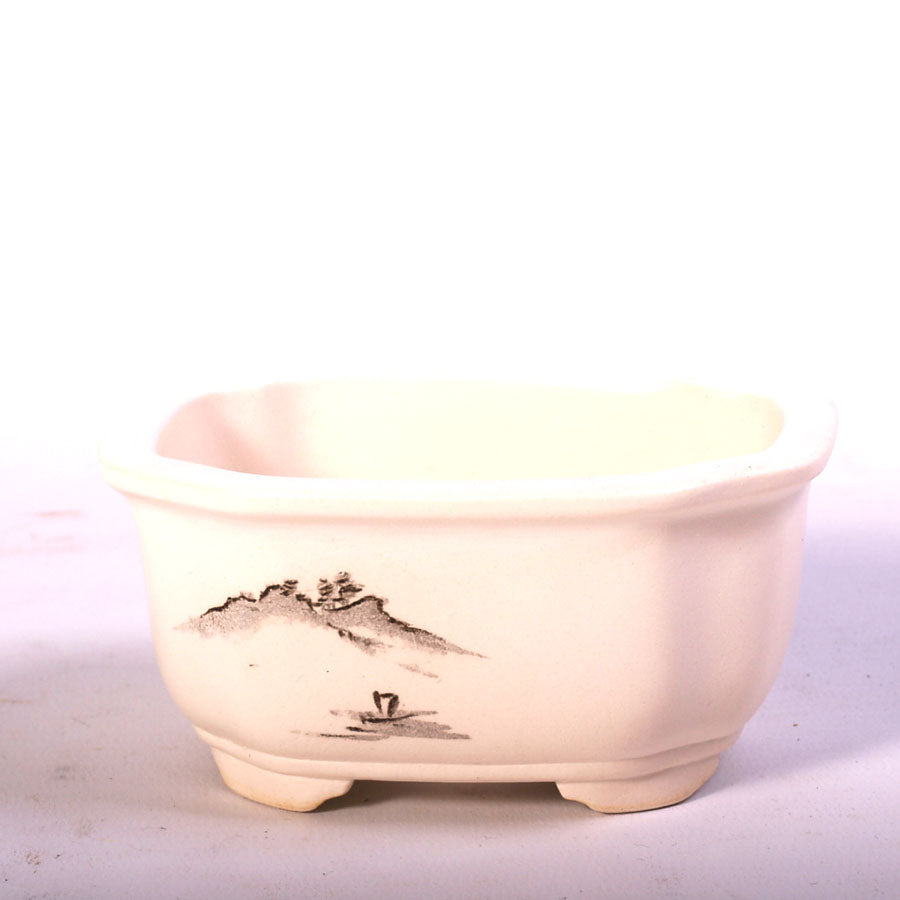 Bonsaischale oval weiß mit Kerbe und grauer Landschaftsmalerei 10 cm