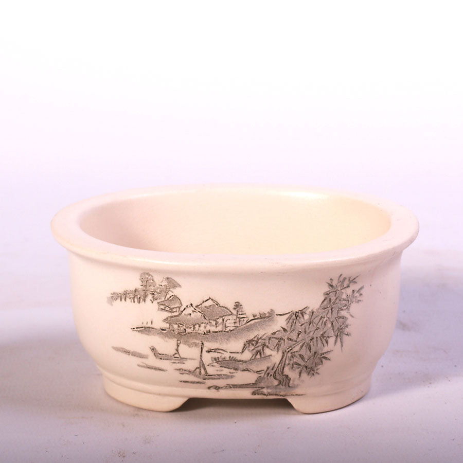 Bonsaischale oval weiß mit grauer Landschaftsmalerei 11 cm