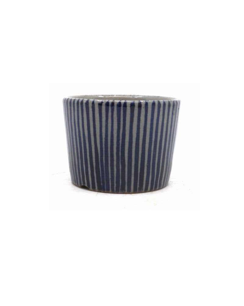 Pot à bonsaï Shohin à rayures bleues peintes à la main, rond, 9 cm