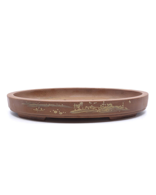Bonsai pot ongeglazuurd ovaal met tekening 39cm