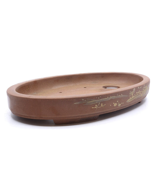 Bonsai pot ongeglazuurd ovaal met tekening 39cm