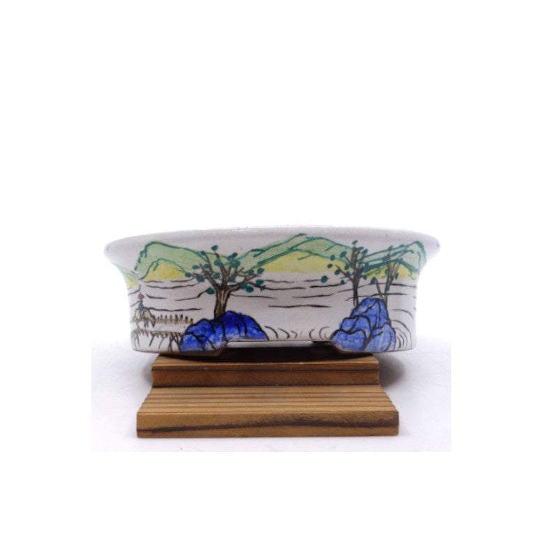 Pot à bonsaï ovale bleu peint à la main, décor paysager, 16 cm