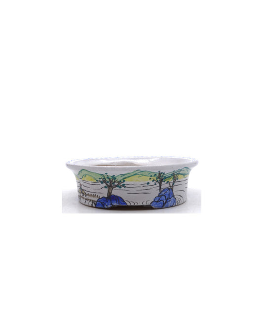 Bonsai pot handgeschilderde landschap blauw ovaal 16cm