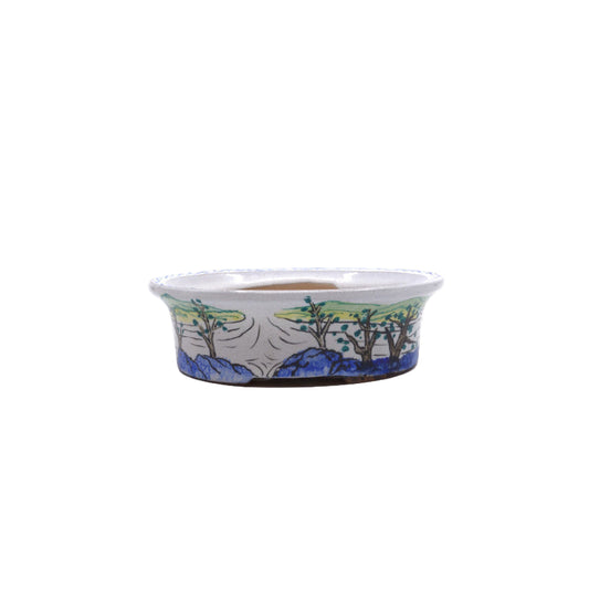 Pot à bonsaï ovale bleu peint à la main, décor paysager, 16 cm