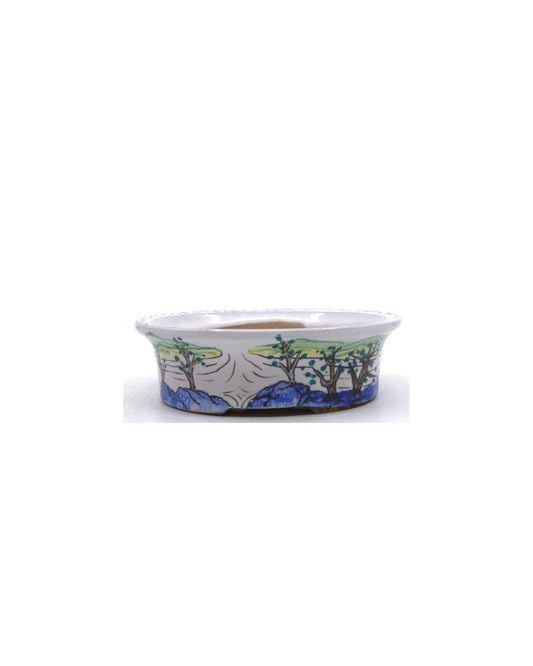 Bonsai pot handgeschilderde landschap blauw ovaal 16cm