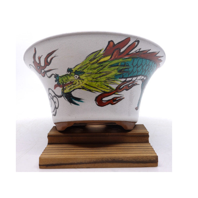 Pot à bonsaï rond de 15 cm, décoré d'un dragon peint à la main.