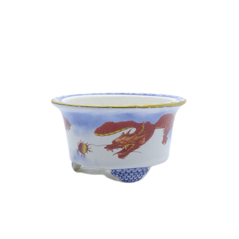 Pot à bonsaï rond bleu et rouge dragon 12 cm