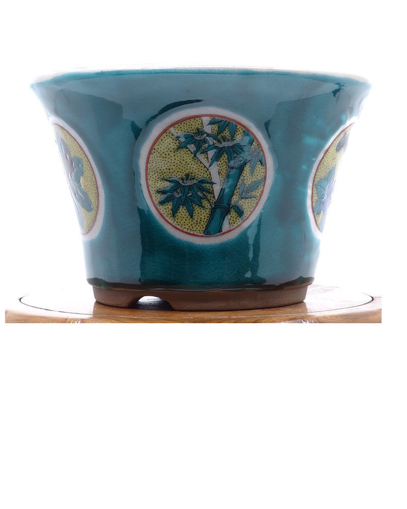 Pot à bonsaï Kutani yaki 'Matsutake Ume' pot vert peint à la main 12cm