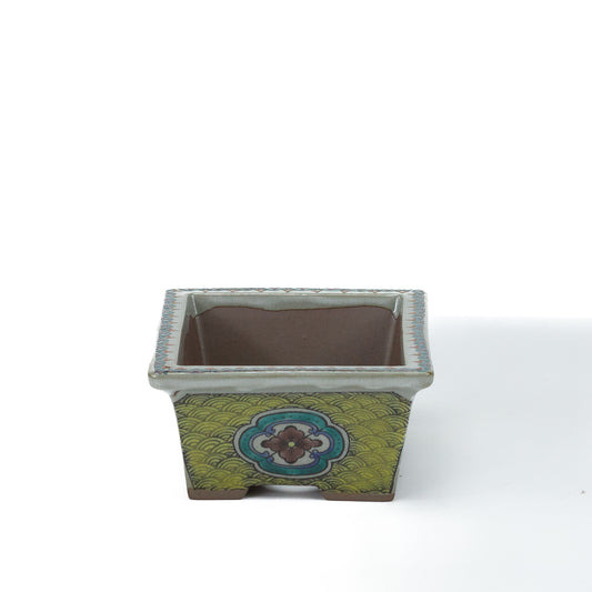 Pot à bonsaï Kutani yaki 'Ishidatami' rectangulaire multicolore 13cm