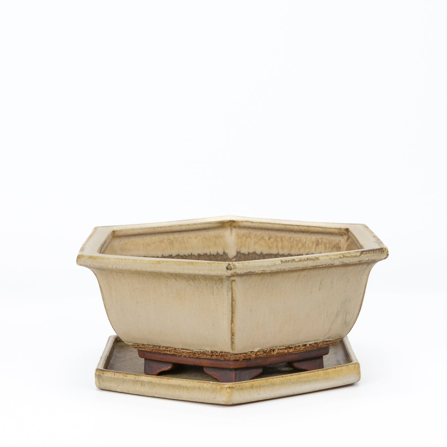 Bonsai pot beige mat zeshoek 21.5 cm - set