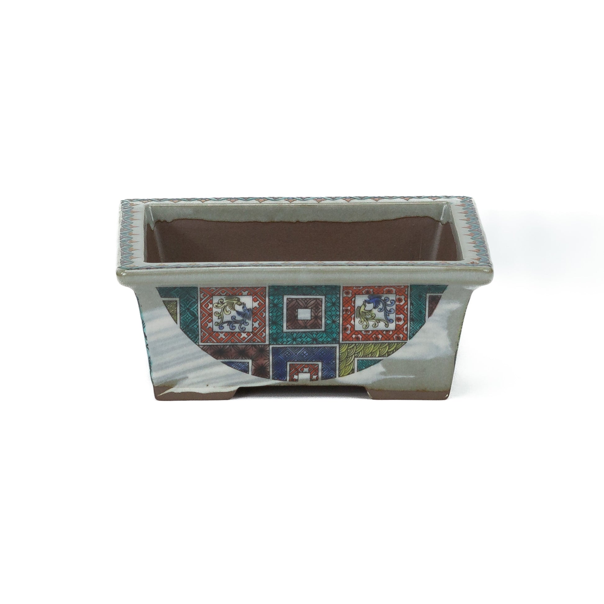 Pot à bonsaï Kutani yaki 'Ishidatami' rectangulaire multicolore 13cm