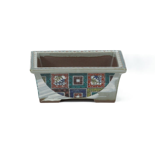 Pot à bonsaï Kutani yaki 'Ishidatami' rectangulaire multicolore 13cm