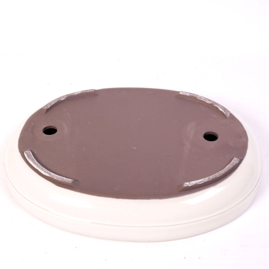 Coupelle à bonsaï, ovale émaillée crème striée 47 cm