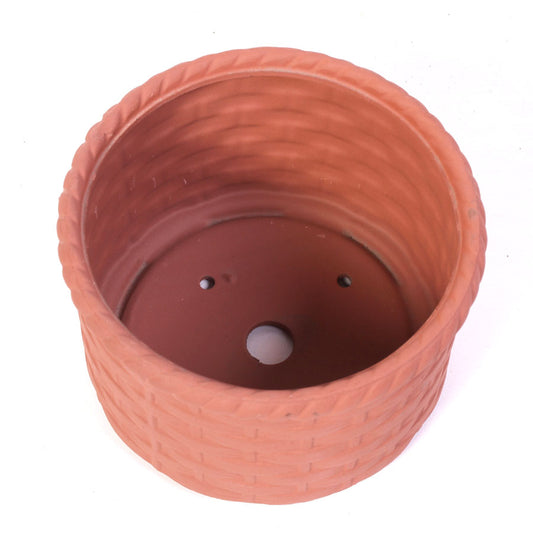 Pot à bonsaï rond en céramique « tressée » rouge