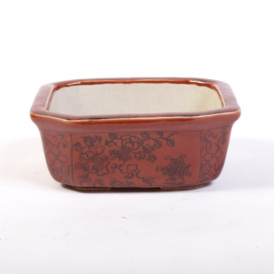 Coupelle à bonsaï en porcelaine émaillée, motif floral brun