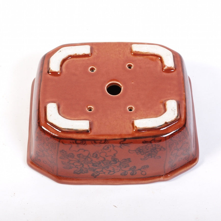 Coupelle à bonsaï en porcelaine émaillée, motif floral brun