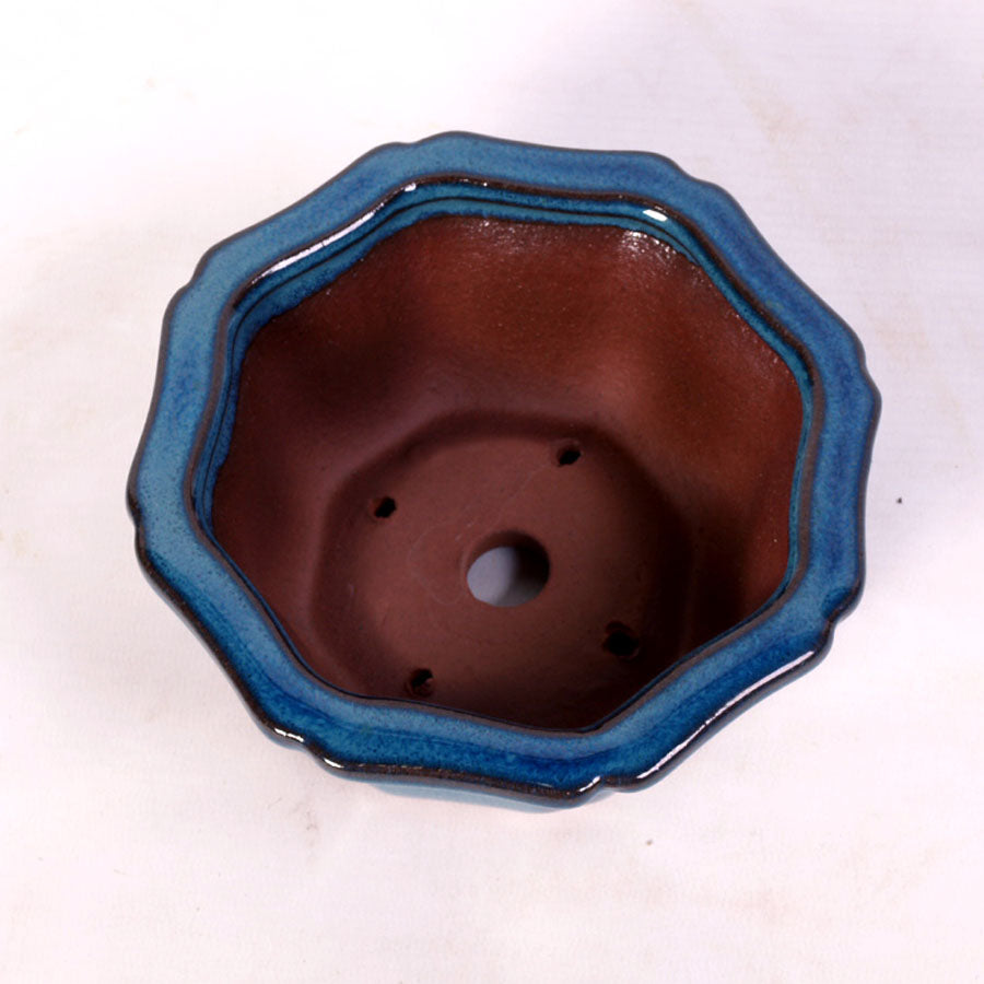 Pot à bonsaï octogonal à rebord extérieur, bleu 14 cm