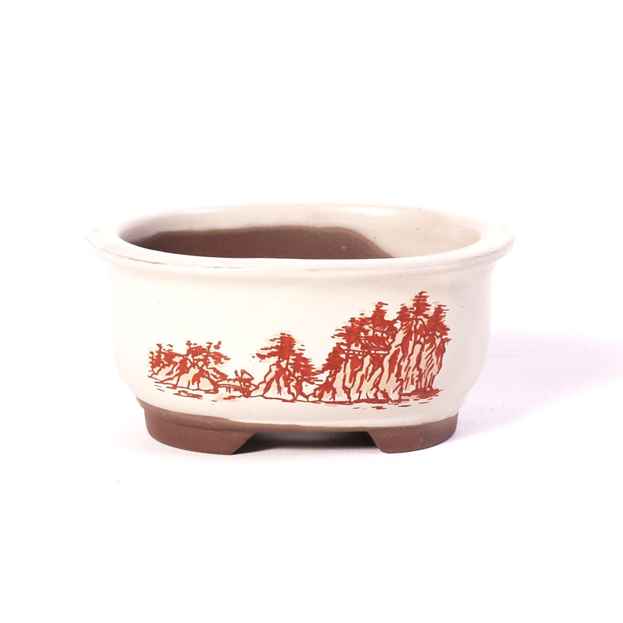 Pot à bonsaï ovale crème avec peinture rouge représentant un paysage 11 cm