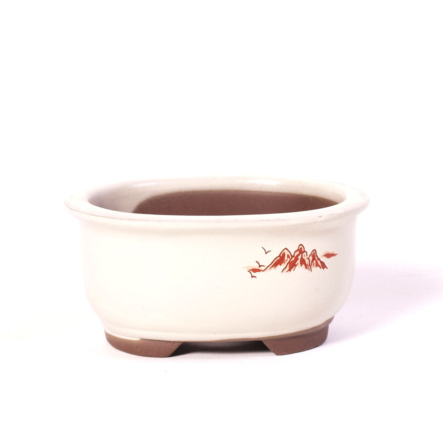 Pot à bonsaï ovale crème avec peinture rouge représentant un paysage 11 cm