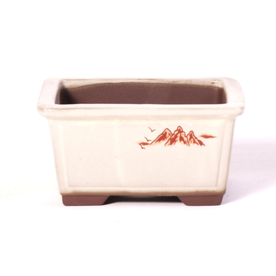 Pot à bonsaï rectangulaire crème avec peinture de paysage rouge 10 cm
