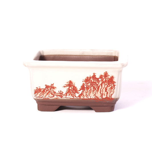 Pot à bonsaï rectangulaire crème avec encoche et peinture de paysage rouge 10 cm