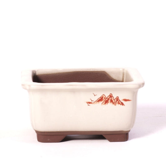 Pot à bonsaï rectangulaire crème avec encoche et peinture de paysage rouge 10 cm