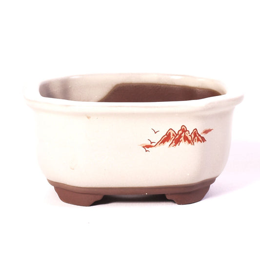 Pot à bonsaï ovale crème avec encoche et peinture rouge représentant un paysage 10 cm