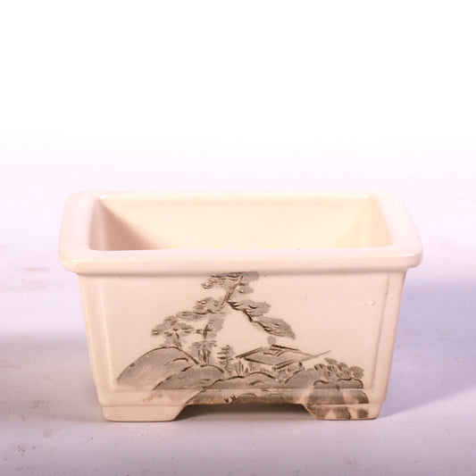 Pot à bonsaï rectangulaire blanc avec peinture de paysage gris 10 cm