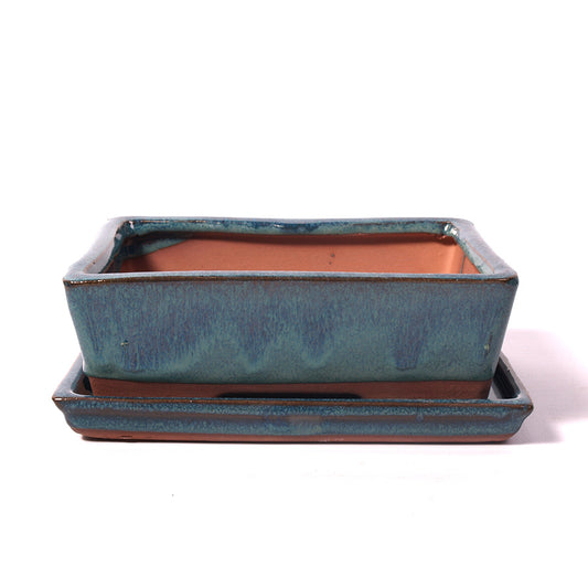 Rechthoekige keramieke potset blauw/groen met schotel 25cm